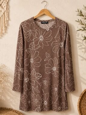 Heimish USA Waffle Knit Floral Tunic Dress Mauve Taupe Long Sleeve Medium